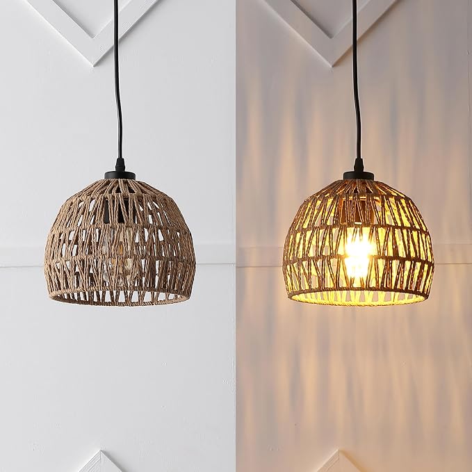 JONATHAN Y Campana 1-Light Pendant Dome Ceiling Lamp, 8.25", Brown | Modern Coastal Farmhouse Decor, Adjustable Height, Woven Rope Metal Frame, LED Bulb Included, UL Listed