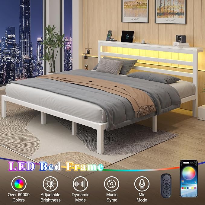LOEWAY King Size Metal Bed Frame with Storage Headboard & LED Lights, White | Built-In Charging Station, Under-Bed Storage, Heavy Duty Metal Slats, No Box Spring Needed, Solid and Stable, Easy Assembly