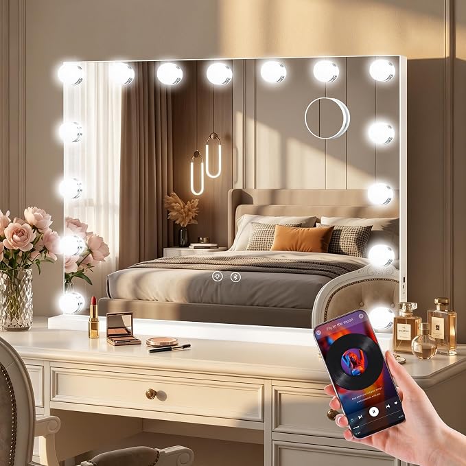 Moonee Vanity Mirror with Lights, Bluetooth Hollywood Lighted Makeup Mirror with 15 Dimmable Bulbs and 10X Magnification, 3 Colors Modes, Light Up Mirror, Gifts for Women, Girls（23" x 18"）