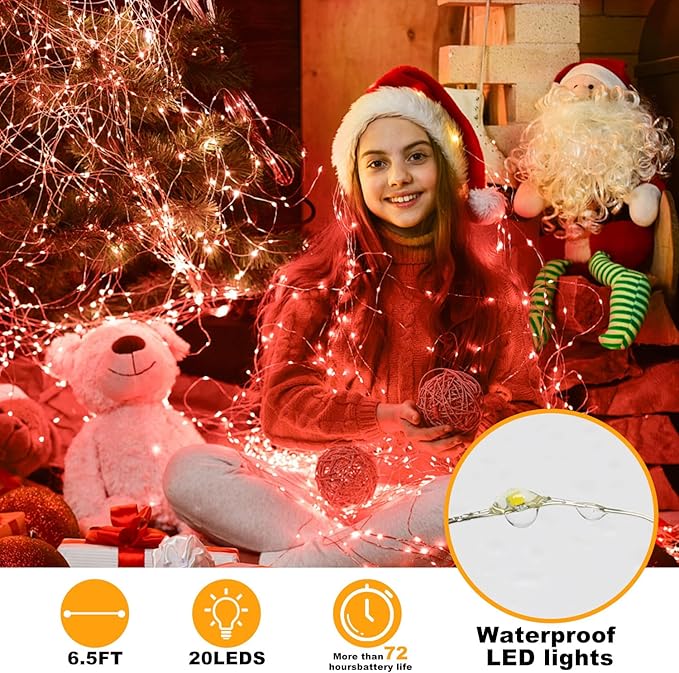 6 Pack Fairy Lights Battery Operated String Lights - 7ft 20 LED Waterproof Silver Wire Firefly Lights for DIY Wedding Décor Table Centerpieces Craft Mason Jars Party Decor(RED)