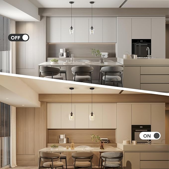 VONLUCE Black Pendant Light for Kitchen Island, Set of 2 | E26 Base, Adjustable Hanging Cable, Clear Glass Shade, Modern Design for Living Room Bedroom Hallway