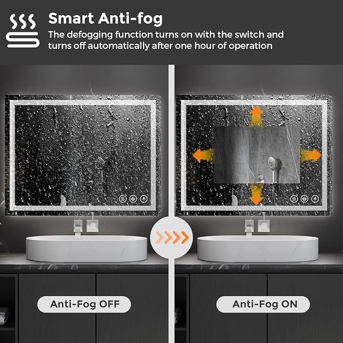 Koonmi 36x28 LED Bathroom Mirror with Light, Anti-Fog, 3 Colors | Backlit + Front Lit, Dimmable Brightness, Shatterproof HD Distortion-Free Tempered Glass, Hardware Included
