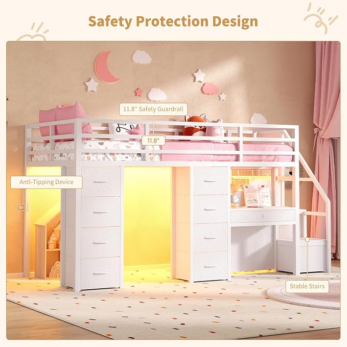Twin Loft Bed with Desk, 12 Drawers, RGB Lights & Wide Step Stairs, White | Built-in Power Outlet, Clothes Rack, Pockets, Display Grid, Under Bed Play Fort, 11.8''H Safety Guardrail & Ladder
