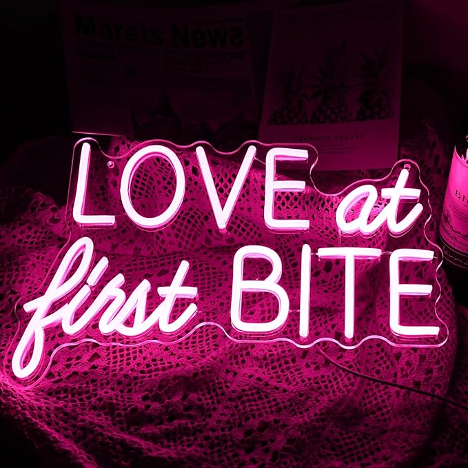 Love At First Bite Neon Sign Led Pink Words Neon Light Sign Wall Art Neon Light For Wedding Light Up Sign For bedroom Bar Pub Party 15.7"X10.2"）