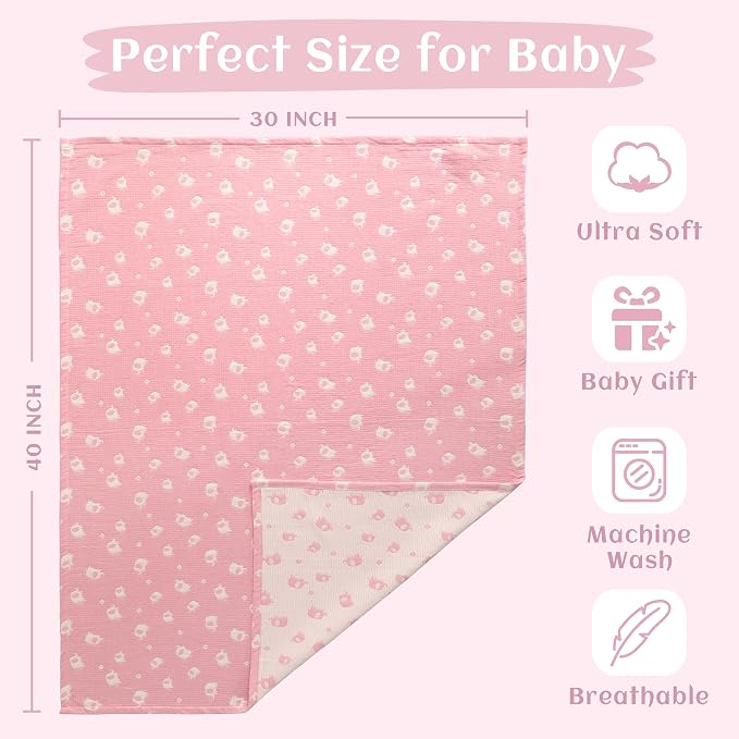 NTBAY 3 Layer Muslin Toddler Blanket, 30 x 40, Pink Elephant | Breathable Muslin Cotton Outer Layers with Light Thermal Fill, Reversible for Stroller, Daycare, Travel, and Supervised Use