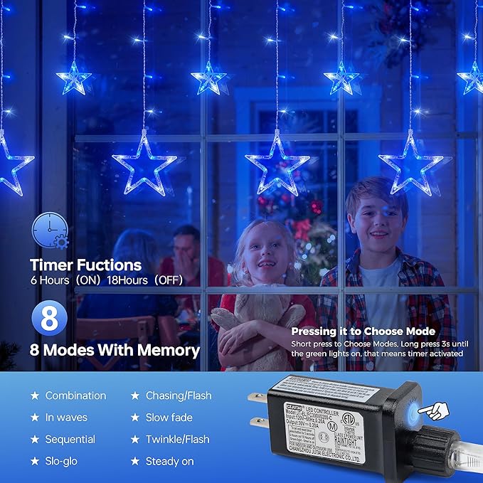 126L Blue White Christmas Star Icicle Lights, 8.2FT Clear Curtain Fairy String with Connectable, Timer 8 Modes Memory, Waterproof Hanging for Eaves, Party, Wedding Indoor Outdoor Decorations