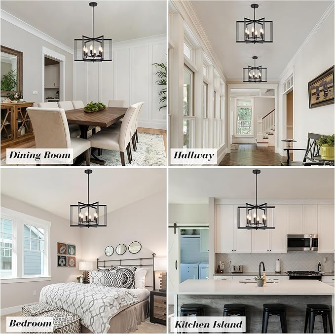 LASENCHOO Modern Black Chandelier for Dining Room Light Fixture, 6 Lights Geometric Pendant Lights Kitchen Island, Industrial Metal Chandeliers for Entryway Kitchen Living Room Foyer Lighting Fixtures