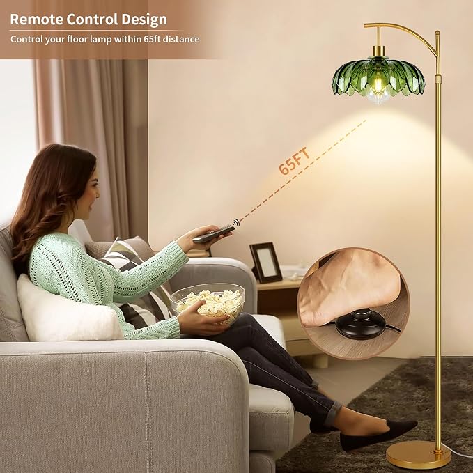 AHDWDW Gold Floor Lamp for Living Room Bedroom with Remote,Unique Vintage Standing Tall Lamp,Mid Century Modern Floor Lamps with Dimmable Bulb,Arc Green Glass Floor Lamps for Office Corner