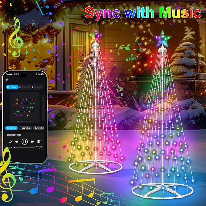 5FT 166LED Smart Christmas Tree Lights, Outdoor Christmas Cone Tree Lights with App Control, Color Changing DIY Music Sync & Timer Prelit Christmas Tree for Yard Front Porch Party Christmas Decoration