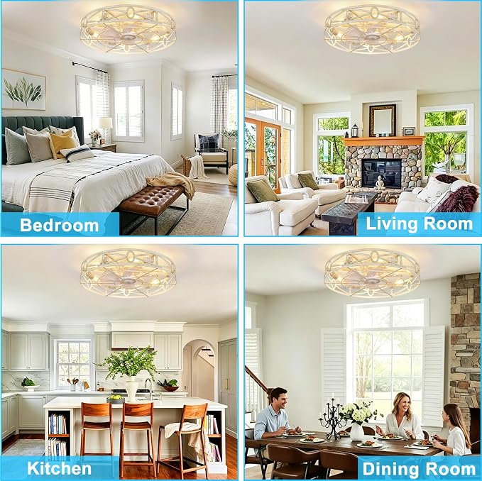 Depuley Flush Mount Ceiling Fan: 24" Caged Ceiling Fans with Remote Control for Patio Kitchen Bedroom - Low Profile Fandelier Lights Fixture Reversible 6 Speed Timer Cement 6*E26 Bulb Not Included