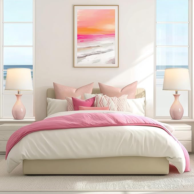 Table Lamp Set of 2, Modern Ceramic Bedside Lamps for Night Stands, Classic Small Lamp Nightstand Lamp for Bedroom Living Room Desk End Table Rocker Swtich Pink