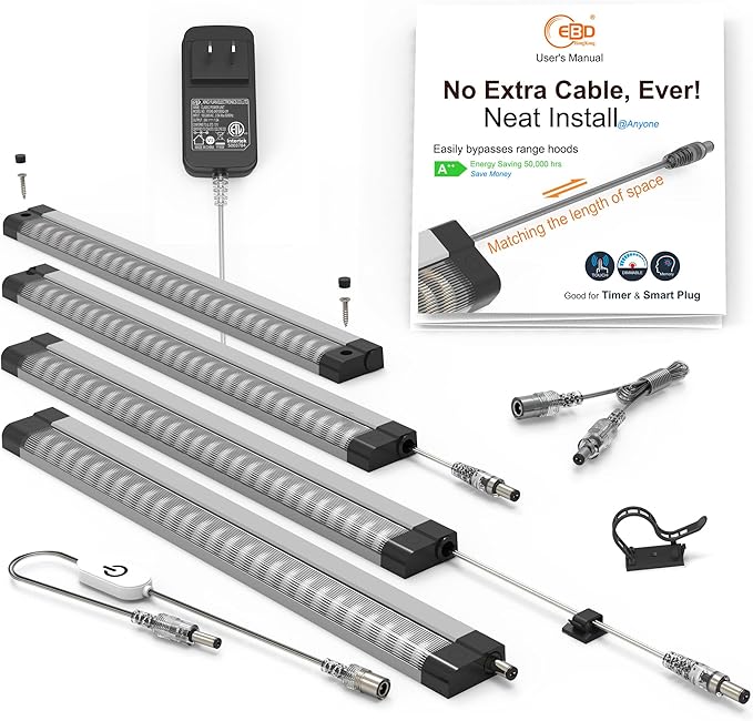 EBD Under Cabinet Lighting Plug in 4 Pcs 12 Inch, Dimmable No Messy Wires Built-in Adjustable Cable LED Light Bar 6500K 1800LM for Kitchen Home Office, Memory for Smart Plug, 1 Pcs Extension Cables