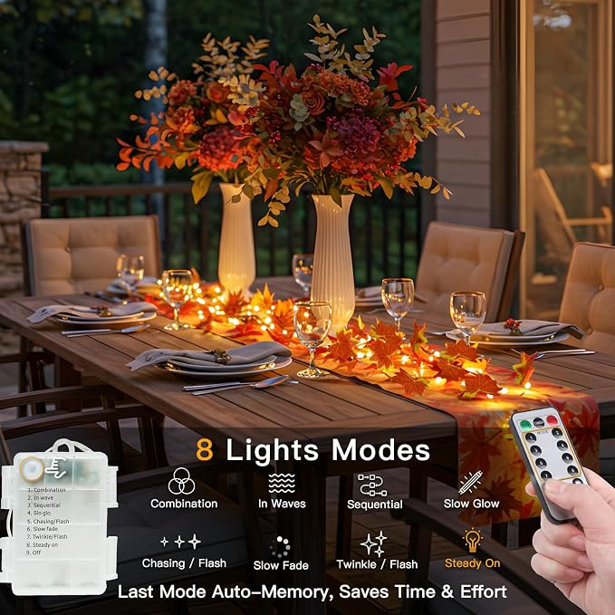 33FT 100 LED Maple Leaf String Lights Battery Operated Copper Wire | Vine with Fairy Lights with Remote,Dimmable Fall Garland with Lights for Bedroom,Wall,Thanksgiving Decor (Warm White)