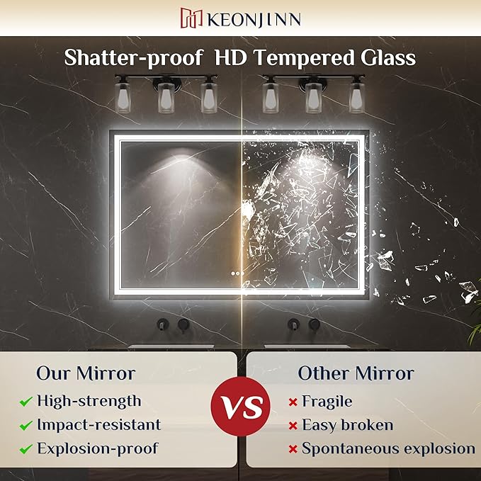 Keonjinn 28"x36" Lighted Mirrors for Bathroom Wall with Bluetooth Speaker, Frontlit & Backlit LED Bathroom Mirror, Bluetooth Mirror Bathrooms, Dimmable 3 Color Lights, Tempered Glass, Anti-Fog, CRI90+