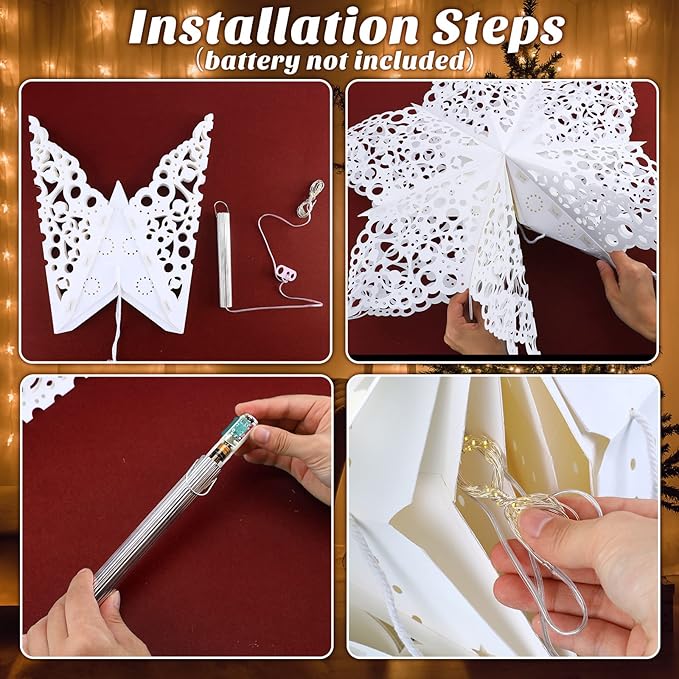 Mudder 23.6 Inch Christmas Paper Snowflakes Star Lantern with Light Parol Lantern Filipino Party Supplies Hanging Decoration for Weddings Christmas Trees Birthday Holiday Party Celebration