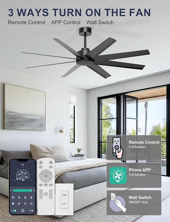 Ohniyou 60" Black Ceiling Fan No Light for Patio, Shop, Garage | Remote/App Control, Quiet DC Motor, Modern Covered Outdoor Fan with 8 ABS Blades