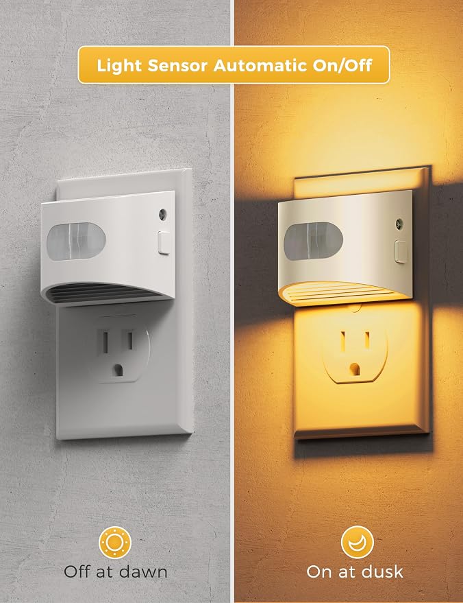 L LOHAS LED Motion Sensor Night Light, Night Lights Plug into Wall, Amber | Plug in Night Light with Dusk to Dawn Sensor, 30-100lm Adjustable Brightness, White Housing 2 Pack