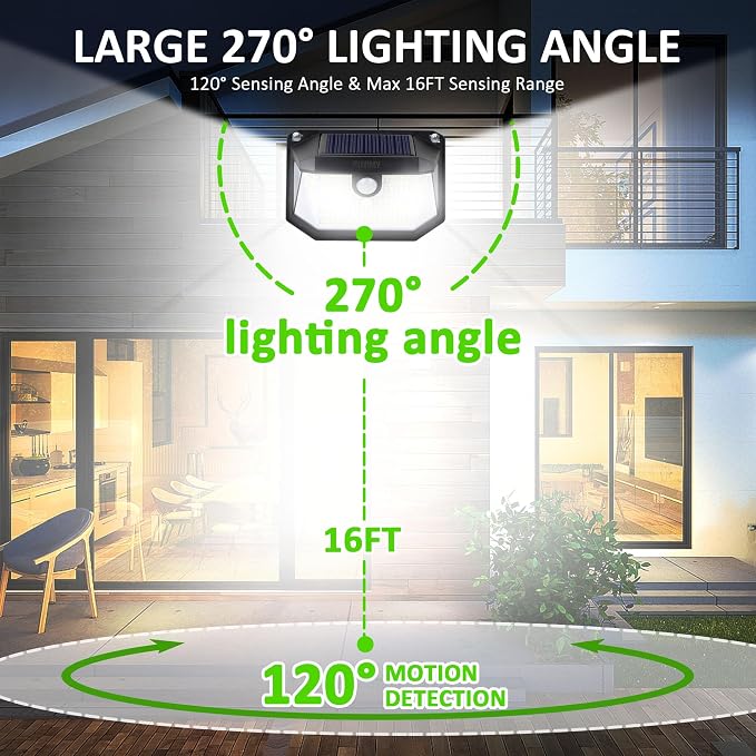 Solar Outdoor Lights, 230 LED with Motion Sensor and 3 Modes, IP65 Waterproof, 270° Wide Angle Light, Easy-to-Install Intelligent Security Wireless Wall Lights for Patio, Front Door(6 Pack)