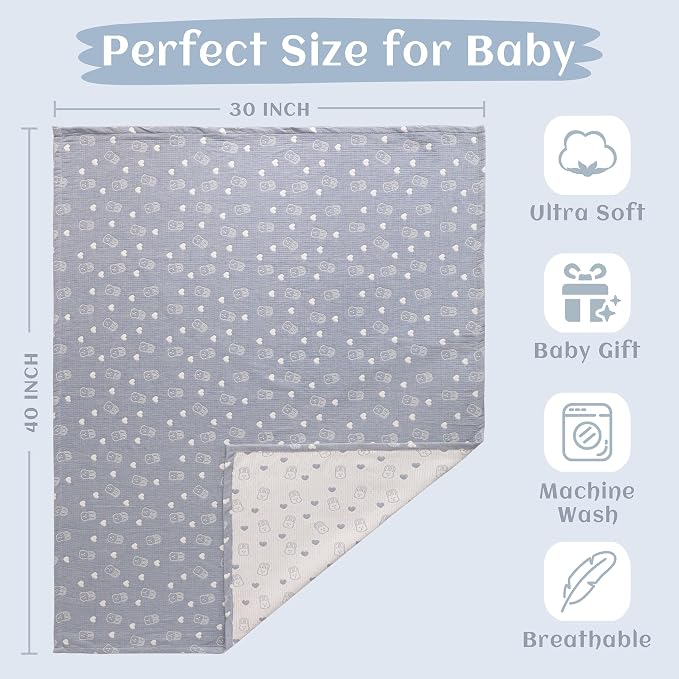 NTBAY 3 Layer Muslin Toddler Blanket, 30 x 40, Blue Rabbit | Breathable Muslin Cotton Outer Layers with Light Thermal Fill, Reversible for Stroller, Daycare, Travel, and Supervised Use