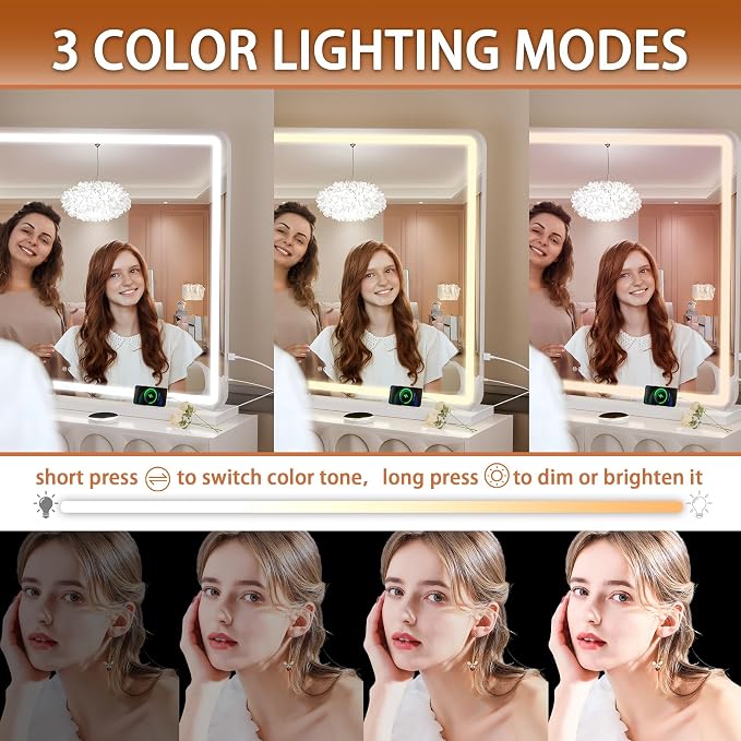 Hasipu Vanity Mirror with Lights, 37.4" x 26" LED Makeup Mirror, Lighted Makeup Mirror with Dimmable 3 Modes, Touch Screen Control Vanity Mirror Round White