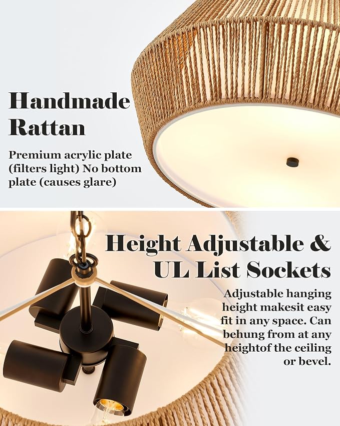 ELYONA Large 4-Lights 20" Rattan Chandelier, Boho Pendant Light Fixtures, Adjustable Japandi Woven Chandelier for Dining Room with Fabric Shade, Rustic Hanging Light for Kitchen Island,Living Room