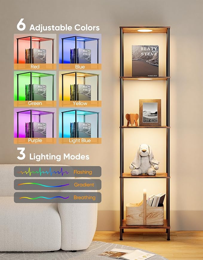 Display Shelf with RGBW Light, Color Changing Curio Cabinet Floor Lamp with Shelves Corner Standing Column Lamp Etagere Organizer Tower Nightstand Bookcase for Living Room Bedroom Office Décor, Brown