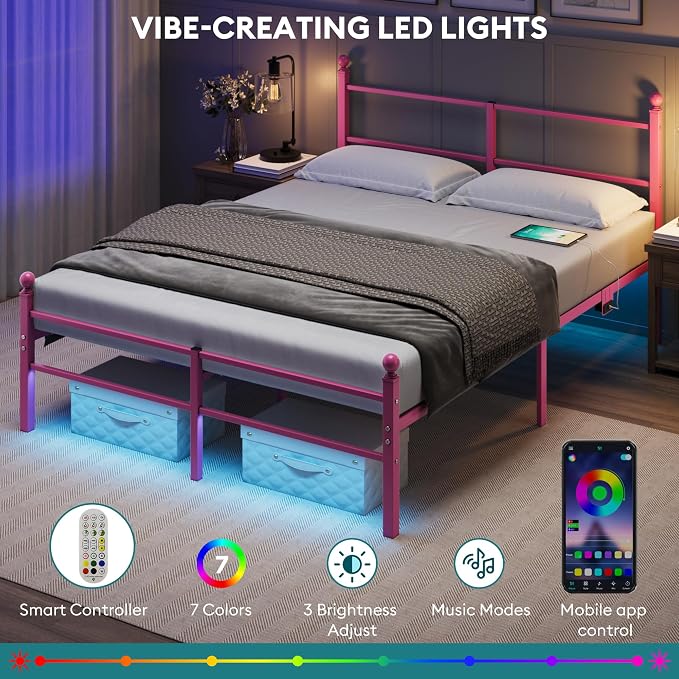 Full Size Bed Frame with Headboard - Metal Platform Bed with LED Lights, Charging Station, Under Bed Storage and Heavy Duty Steel Slats Support - No Box Spring Needed, Easy Assembly, Pink