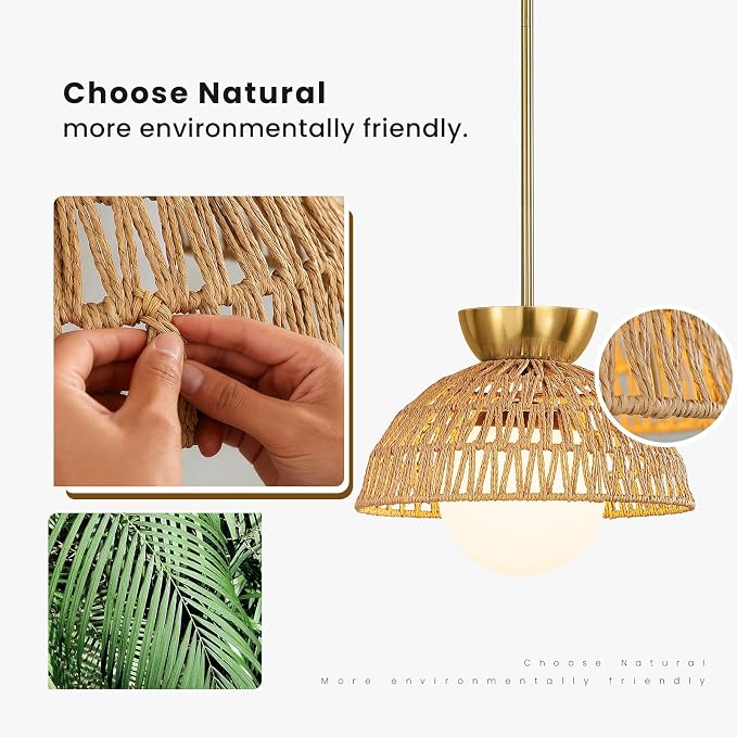 AIJIASI Rattan Pendant Light, 11.8" Hand Woven Boho Pendant Light Fixture with Milk Glass Globe, Gold Kitchen Pendant Lighting Over Island Adjustable Chandelier for Dining Room Hallway Foyer