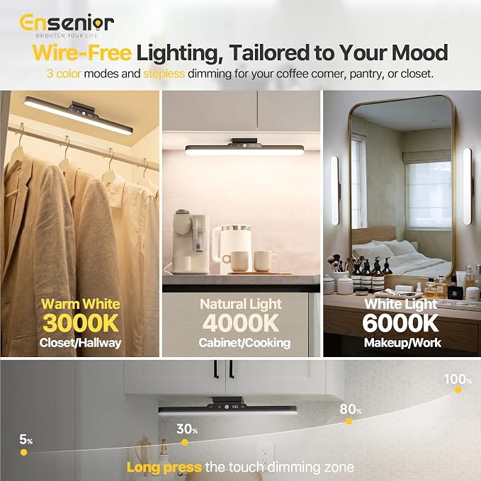 Ensenior 4W Motion Sensor Rechargeable Light Bar, Closet Lights, 2P | 2000mAh, Dimmable, Eye-Friendly, 3 Colors CRI85+, Battery Display, Wireless, Remote Control, Magnetic 130° Rotatable,Stick on