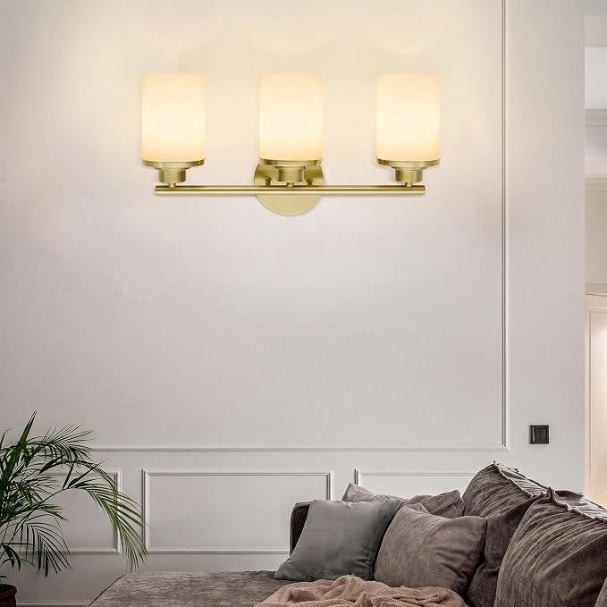 Brushed Gold Bathroom Light Fixtures, 3-Light Gold Vanity Lights with Frosted Glass Shades, Mid-Century Modern Wall Sconces for Living Room