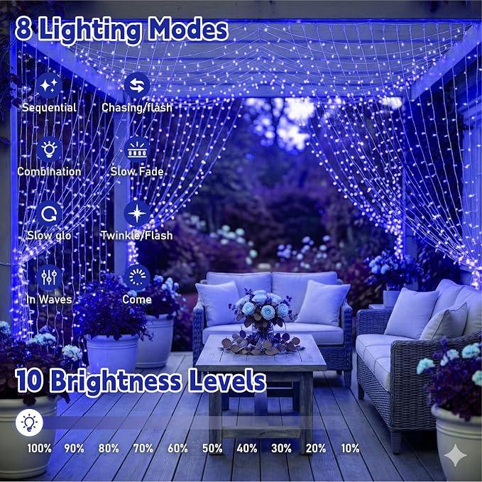 Curtain String Light, 200LED 6.6x6.6ft, Remote & 8 Modes, USB | Window Wall Hanging String Lights, For Bedroom, Wedding, Party, Home, Garden and Indoor Decorations, Blue