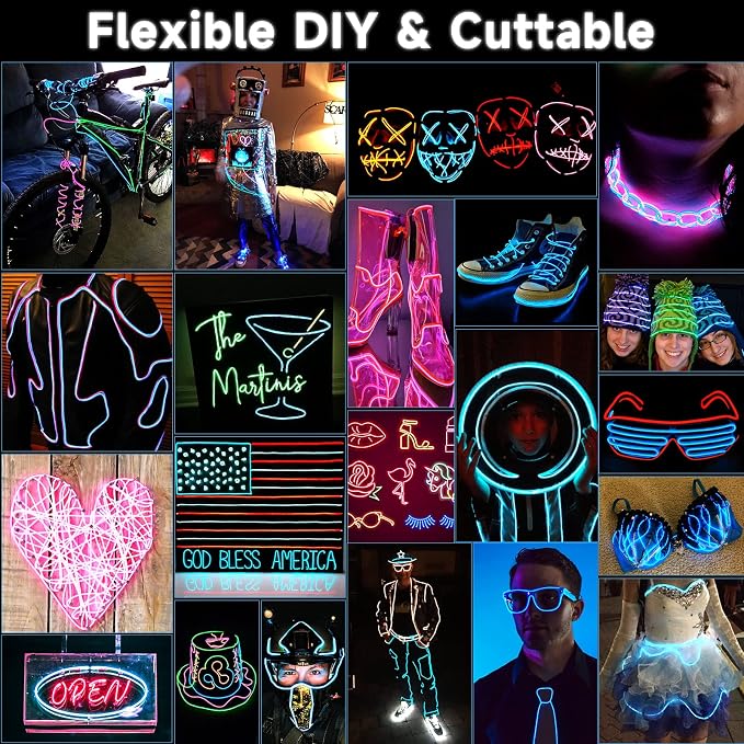 EL Wire 5in1 Bright Neon Glow Rope Lights Strip DIY Cuttable 3.3ft Blue | Portable Wearable Body Lights for Party Game Cosplay Costume Halloween Christmas Burning Man Festival -1 Battery Pack 5 Lines