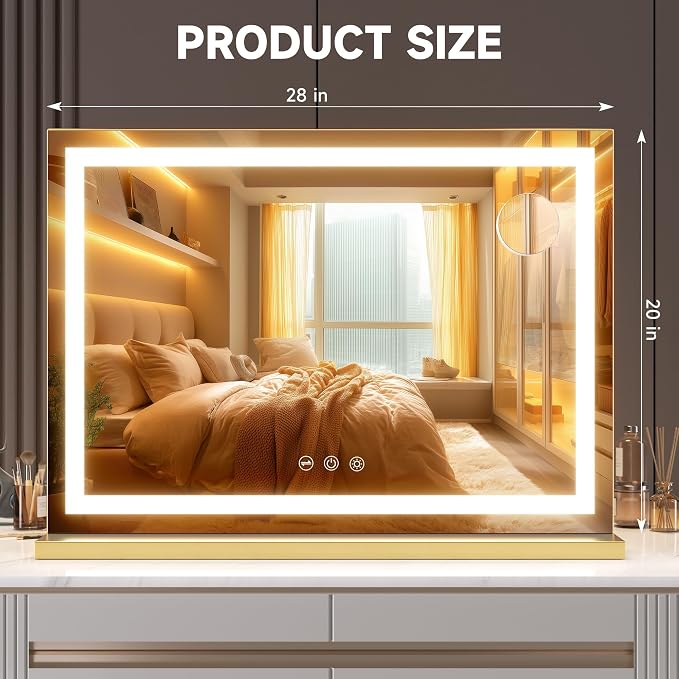 Hasipu Vanity Mirror with Lights, 28" x 20" LED Makeup Mirror, Lighted Makeup Mirror with Dimmable 3 Modes, Touch Screen Control Vanity Mirror Square Gold
