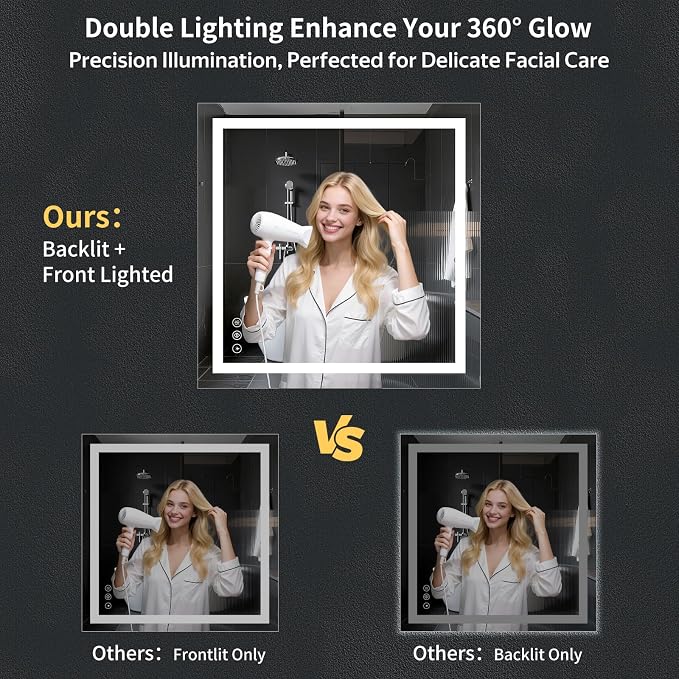 40"x40" LED Bathroom Mirror with Lights, Backlit+Frontlit, Anti-Fog | CRI 95, Stepless Dimmable, 3 Colors Lighting, Shatterproof Tempered Glass, HD Reflection, Memory, (Horizontal/Vertical)