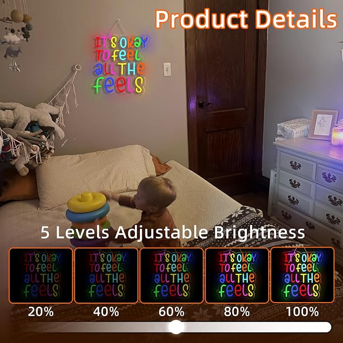 JURONG It's Okay to Feel All the Feels Neon Signs for Wall Decor Dimmable LED Neon Light up Signs USB Powered for Home Office Bedroom Classroom Wedding Party Store Home Gift Neon Decor