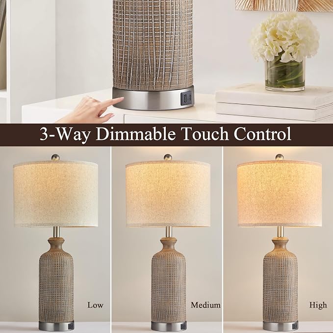 Living Room Lamps Set of 2, 27" Touch Lamps for Nightstand with USB A+C Ports, Modern Farmhouse Table Lamps for Bedroom, Wood Grain, Ceramic