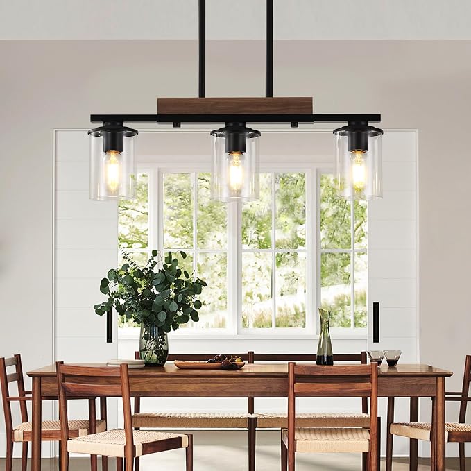 23.6" Dining Room Fixture Over Table,Farmhouse Chandelier | 3-Light, Black Modern Rustic Wood Pendant, Adjustable Height, Clear Glass Shade, Linear Hanging Lighting for Kitchen Island