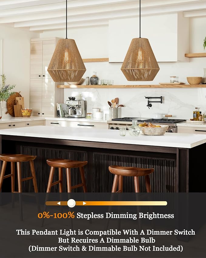 ELYONA Woven Pendant Lights Modern Boho Hanging Lamp with 12" Handwoven Rattan Basket Shade Adjustable Rustic Pendant Light Fixtures for Kitchen Island Farmhouse Dining Room Bar Bedroom Foyer Hallway