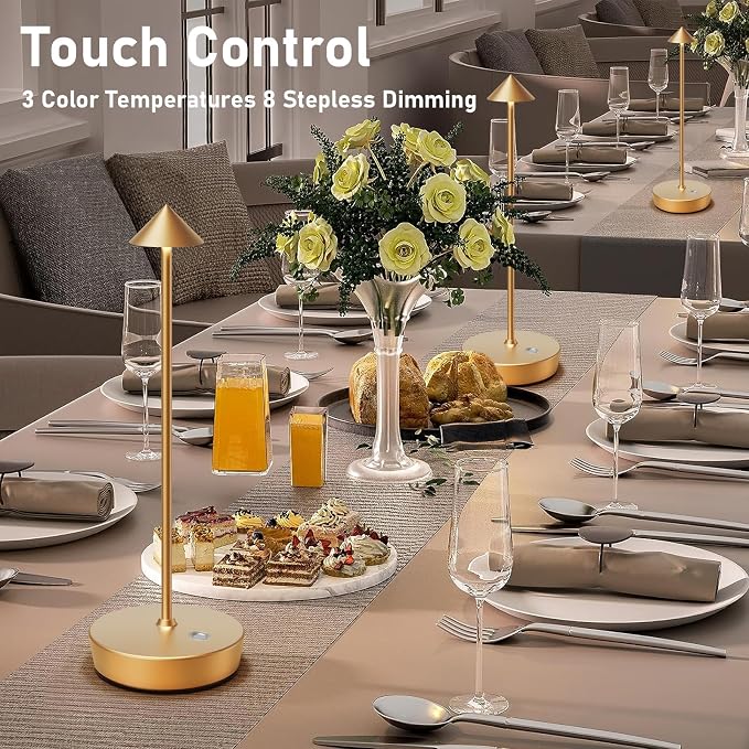 Cordless Rechargeable Led Table Lamp Battery Operated Light Gold | 6000mAh Touch 3 Color Dimming Portable Metal Outdoor Waterproof Light for Patio/Restaurant/Dining/Home