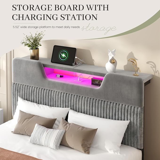 Homkdom Full Bed Frame with Charging Station & Storage Headboard,Grey | 1USB-C & 2USB-A Charging, RGB LED Lights,7.78" Under-bed Storage,Velvet Upholstered Headboard,No Box Spring,Easy Assembly.