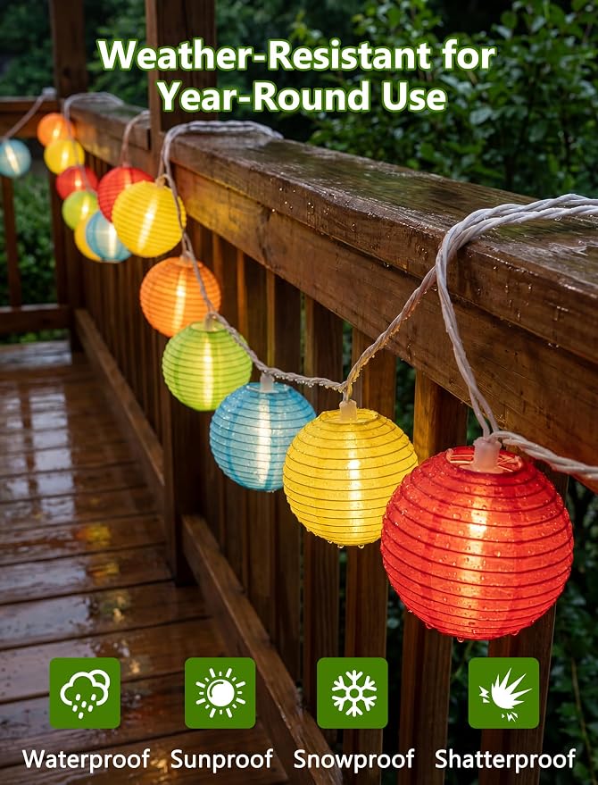 8.5Ft LED Lantern String Lights Plug in, Summer Outdoor Decor Fairy Lights | 10 Waterproof Multicolor Lanterns, Connectable Hanging Patio Lights for Hawaiian Camping Tent Holiday Party Garden