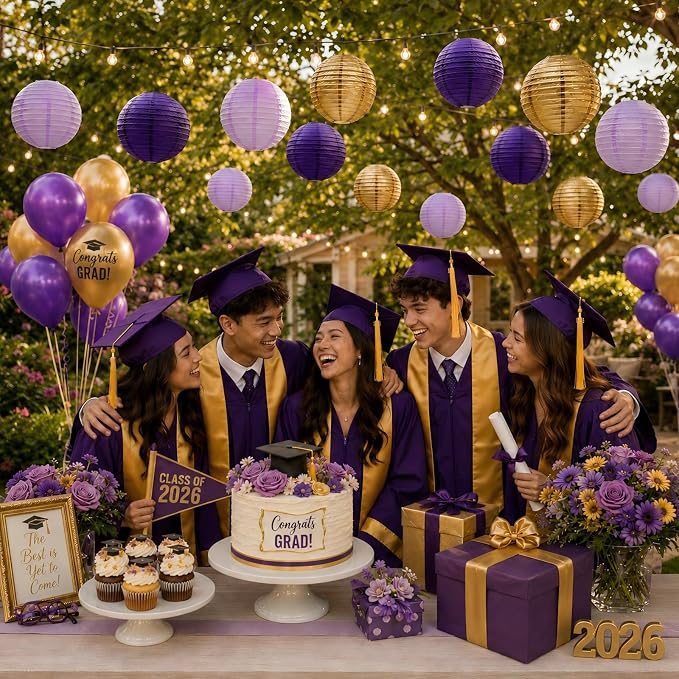 21-Pack Purple Gold Hanging Paper Lanterns Decorative | Round Lavender Lanterns Party Supplies for Graduation, Wedding, Bachelorette Event, Birthday & Baby Shower