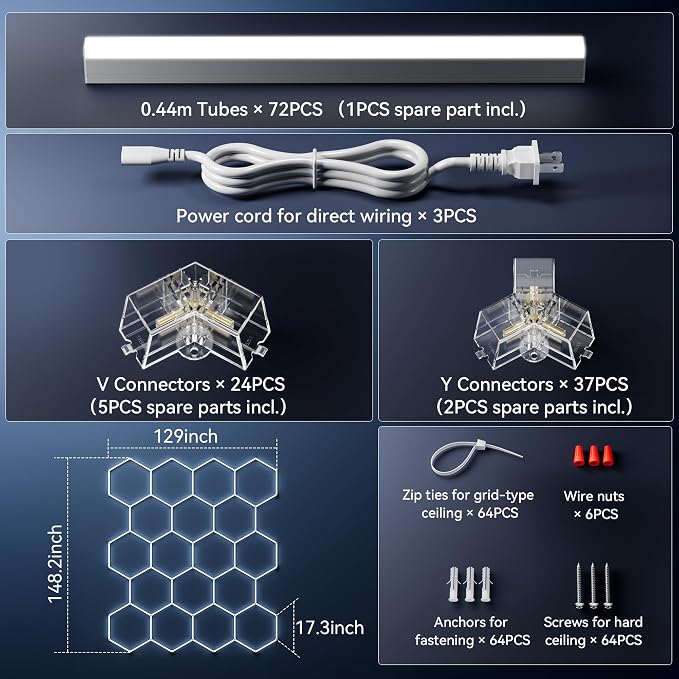 MODERN 18Grids Hexagon Garage Light: 72Pack 574W 70000LM High Brightness Hexagon Garage Lights-Easy Install Honeycomb Ceiling Lights for Warehouse, Gym Basement, Exhibition Hall