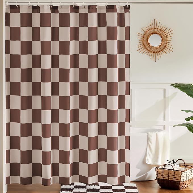 Ohocut Checkered Shower Curtain, Khaki Beige Shower Curtains for Bathroom, Cute Retro Checkboard Shower Curtain Vintage Aesthetic, Washable Fabric Bath Curtain 72''x72''