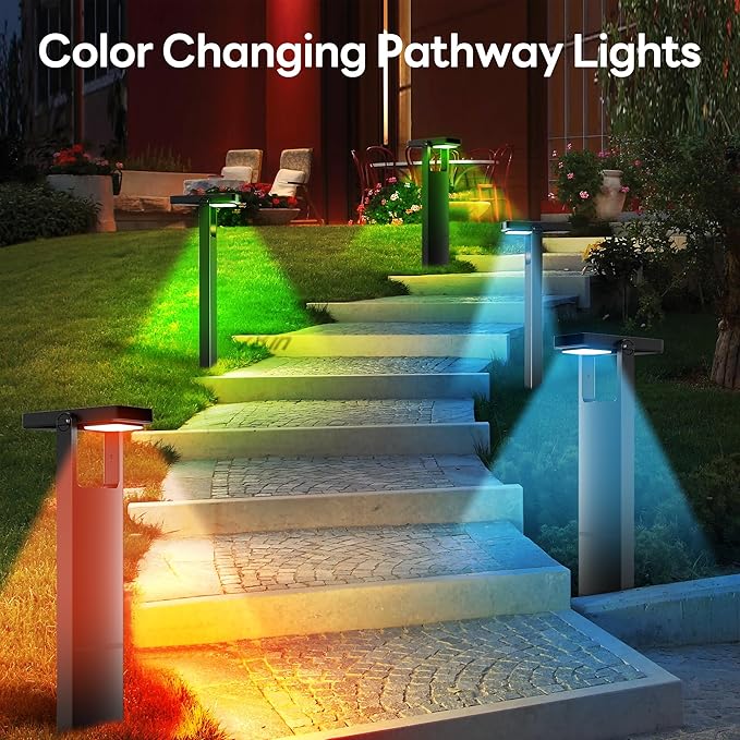 Solar Pathway Lights Outdoor 4 Pack, 360° Adjustable Panel, Multicolor 200LM Solar Powered Path Lights, 12H Lasting, IP65 Waterproof Landscape Lighting for Walkway Yard Garden