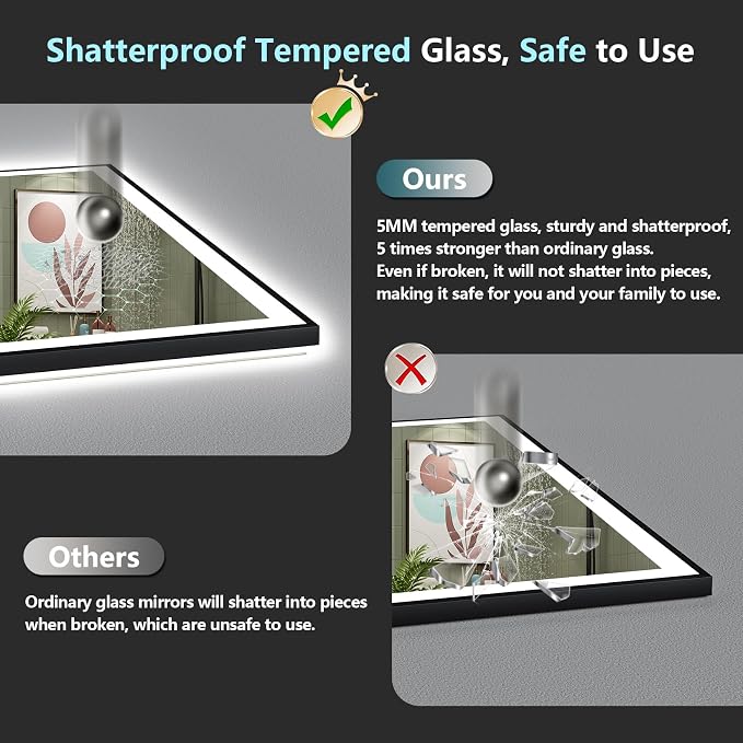 44x36 Black LED Bathroom Mirror, Backlit & Front Lit Lighted Mirror | Metal Framed Anti-Fog Vanity Mirror with Lights, 3 Color Dimmable, Memory, Tempered Glass, CRI95, IP54, Horizontal/Vertical