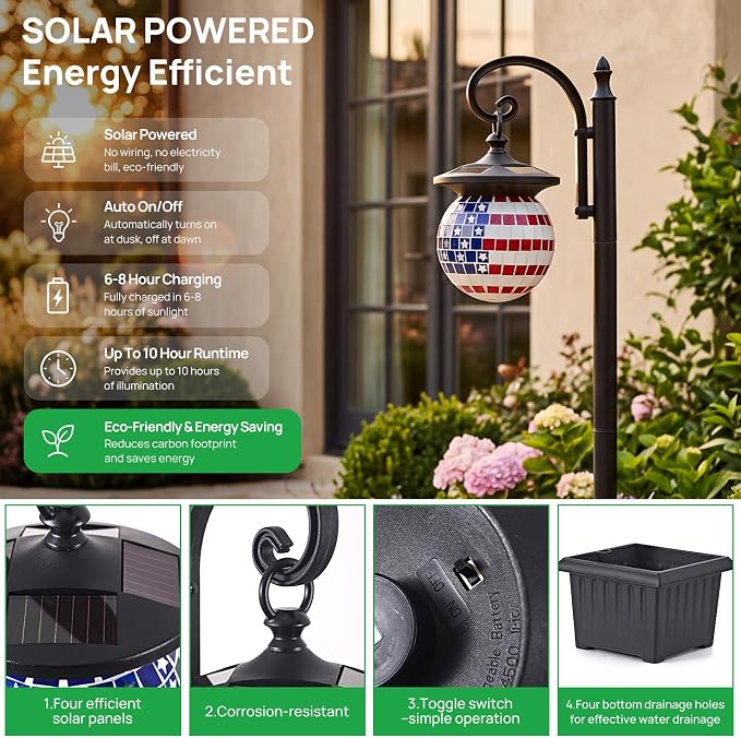 Solar Lamp Post Light with Planter, Patriotic Mosaic Outdoor Lantern Decor | Warm White LED Light, Dusk to Dawn, IP44 Waterproof, 4 Solar Panels, No Wiring Required, Energy Saving, Porch, Patio, Garden.