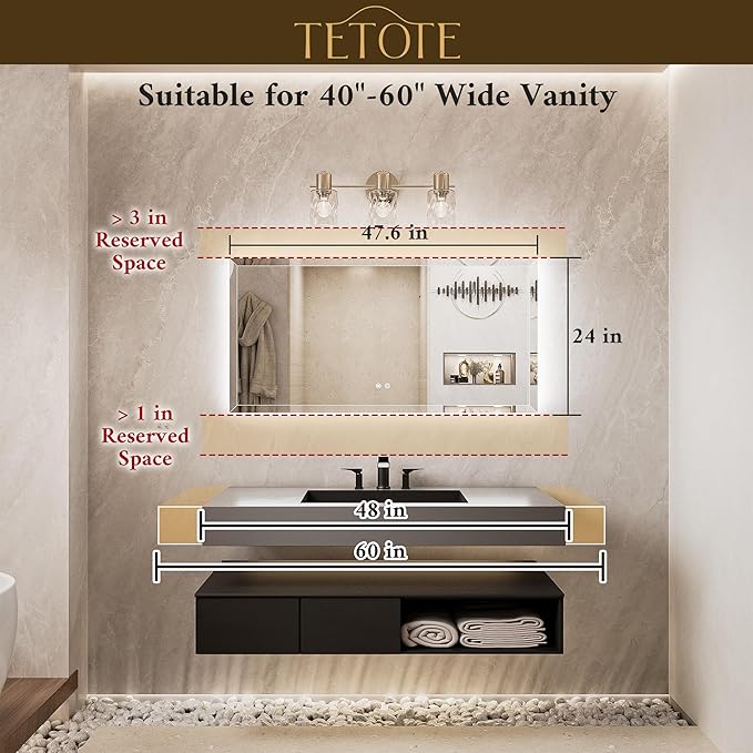 TETOTE Backlit Bathroom Mirror 48 x 24, Frameless LED Mirror for Bathroom, Safe Tempered Glass, 3 Color Temperature, Defogging, Dimmable, Smart Bathroom Mirror, Wall-Mounted Vanity Mirrors