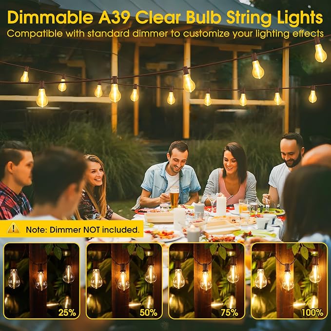 100FT Outdoor String Lights, Patio Light with 32 A39 Bulbs, Brown | Plug in, Dimmer not included, Waterproof, Shatterproof, Extendable, LED Hanging Lamp for Outside Pool Deck Fence Decor