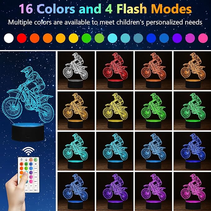 Dirt Bike Gift 3D Night Light, 16 Colors Illusion Night Lamp for Boys - Dirt Bike Themed Bedroom Lamps, Optical Illusion Lamp with Remote Control, Kids' Room Décor, Cool Gifts for Motorcycle Lovers